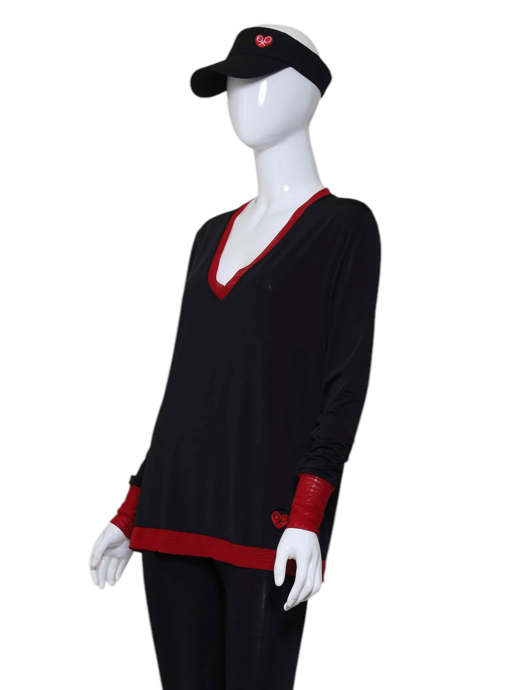 Black Long Sleeve Very Vee Tee Red Mesh