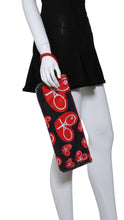 Load image into Gallery viewer, Black + Red Random Hearts Clutch with Red strap
