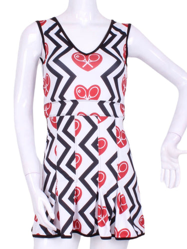 The Angelina Dress is modern yet classy.  This piece has the Black Zig Zag and Red Heart + Rackets Trademarked Logo on a white background for a feminine and fun print.  Very limited edition only two made per size per style